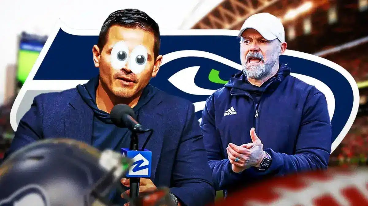 Seahawks Mike Macdonald with emoji eyes next to Seahawks Ryan Grubb in front of a Seahawks logo