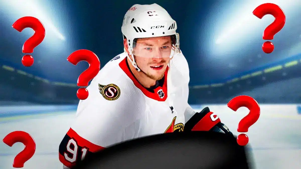 Vladimir Tarasenko in middle of image looking stern, 3-5 question marks, hockey rink in background Ottawa Senators