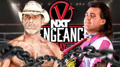 Shawn Michaels next to Brutus “The Barber” Beefcake with the NXT Vengeance Day logo as the background.