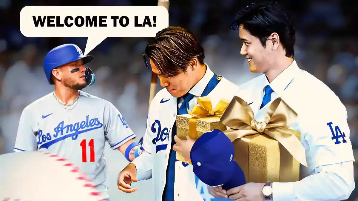 Miguel Rojas welcoming Yoshinobu Yamamoto and Shohei Ohtani to the Dodgers