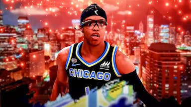 WNBA player Diamond DeShields in a Chicago Sky uniform, with the city of Chicago in the background