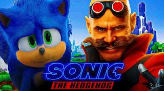 Sonic the Hedgehog 3 logo and character and Jim Carrey as Dr. Robotnik.