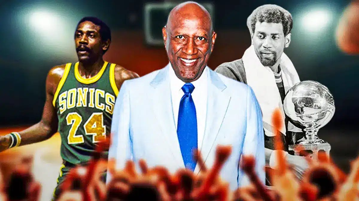 NBA legend Spencer Haywood - present day in the middle, in SuperSonics jersey on one side, in ABA Denver Rockets jersey