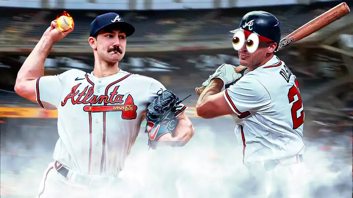 Braves' Spencer Strider pitching a baseball with fire coming off the ball. Need Braves' Matt Olson batting (holding a bat, about to swing) with his eyes popping out looking at Strider.