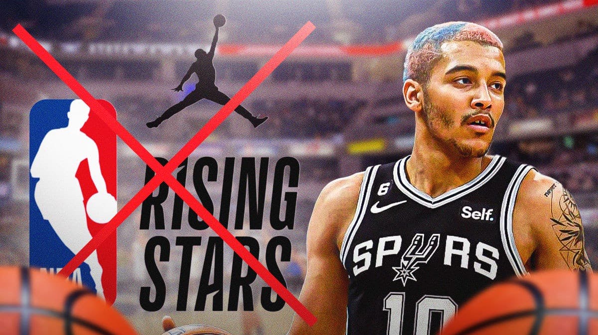 Spurs Jeremy Sochan next to an NBA Rising Stars game logo with a red X over it