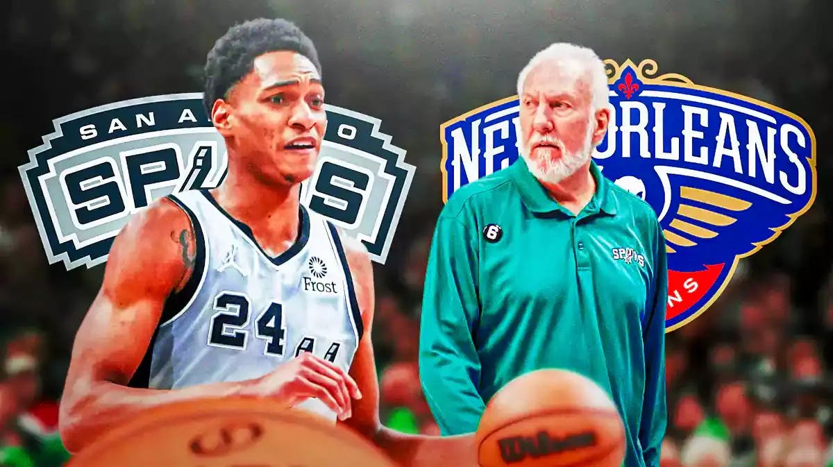 Devin Vassell in middle of image looking stern, Gregg Popovich also in image looking stern, SA Spurs and NO Pelicans logos, basketball court in background