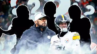 Mike Tomlin and Kenny Pickett next to each other in the middle Silhouettes of Ryan Tannehill, Justin Fields and Russell Wilson behind them with question marks around them