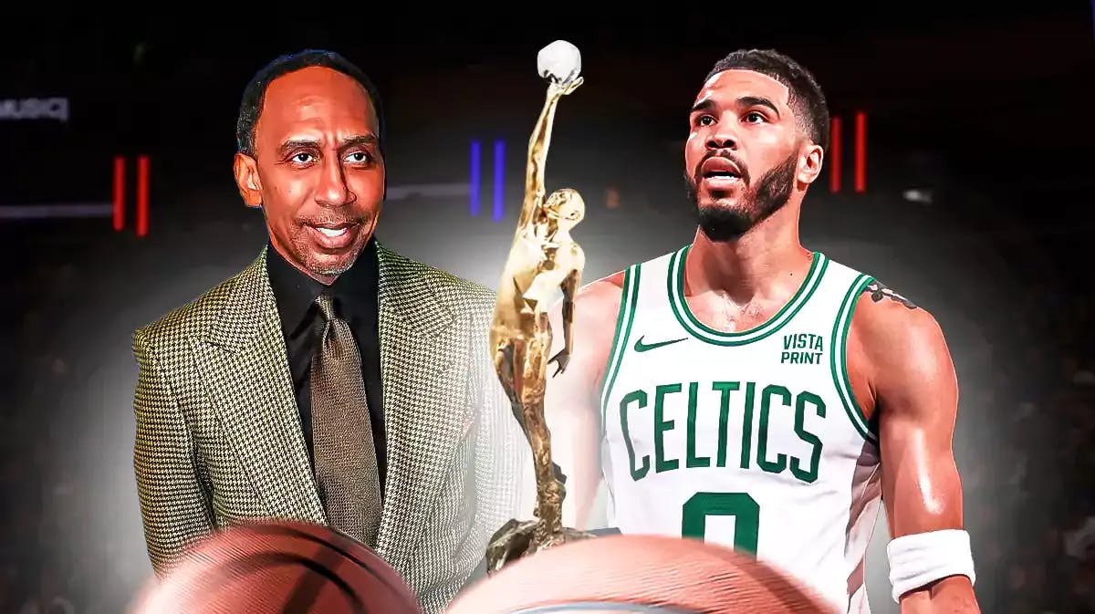 Boston Celtics forward Jayson Tatum, the NBA MVP trophy, and ESPN's Stephen A. Smith