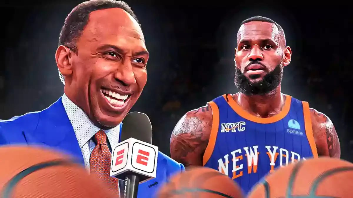 Stephen A. Smith smiling on left. LeBron James in a New York Knicks uniform on right.