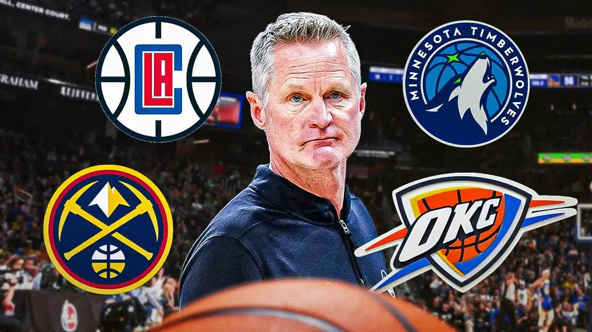 Golden State Warriors coach Steve Kerr looking frustrated. Nuggets, Clippers, Thunder, Timberwolves logos around him