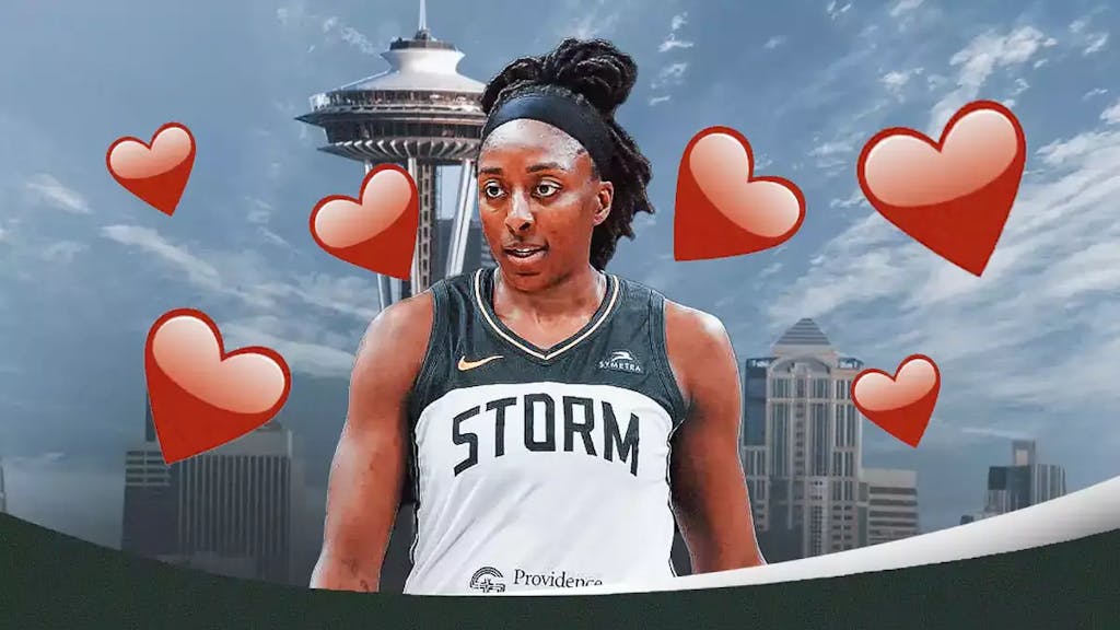 WNBA player Nneka Ogwumike in a Seattle Storm jersey, with hearts around her and the city of Seattle in the background