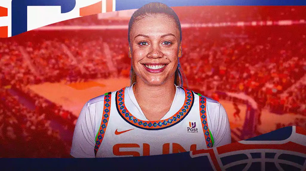 Rachel Banham in a Connecticut Sun jersey with the Sun arena in the background, WNBA free agency