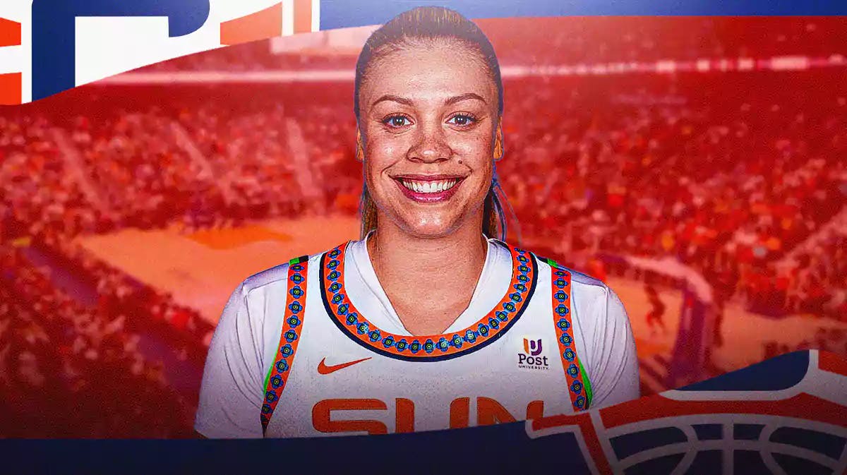 Rachel Banham in a Connecticut Sun jersey with the Sun arena in the background, WNBA free agency