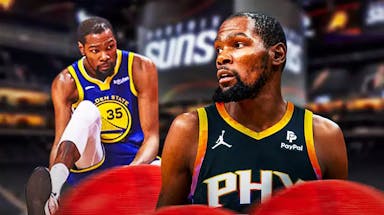 Photo: Kevin Durant looking serious in Suns jersey, another photo beside of him tearing his Achilles in 2019 in Warriors jersey