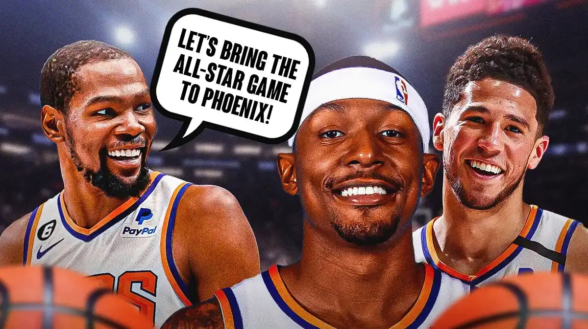 Suns' Kevin Durant saying "Let's bring the All-Star Game to Phoenix" next to Bradley Beal and Devin Booker [NBA All-Star Game]
