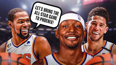 Suns' Kevin Durant saying "Let's bring the All-Star Game to Phoenix" next to Bradley Beal and Devin Booker [NBA All-Star Game]