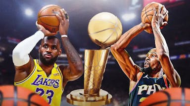 NBA Finals trophy in middle. Lakers' LeBron James shooting a basketball on left. Suns' Kevin Durant shooting a basketball on right.