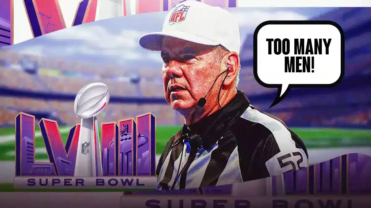 Super Bowl 58 logo and image of NFL referee with speech bubble “Too Many Men!”