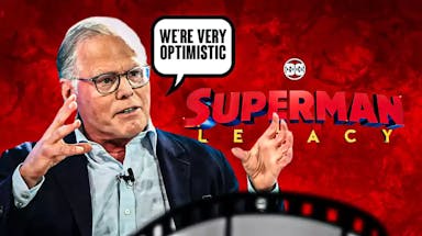 David Zaslav with a speech bubble saying "we're very optimistic" next to Superman: Legacy logo