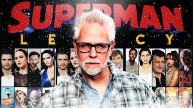 Superman: Legacy logo with James Gunn and a collage of the cast behind him
