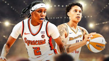 Syracuse women’s basketball player Dyaisha Fair, with WNBA Phoenix Mercury player Brittney Griner in the background