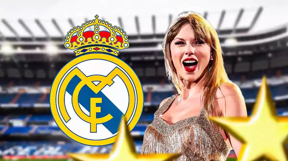 Taylor Swift smiling in front of the Real Madrid logo