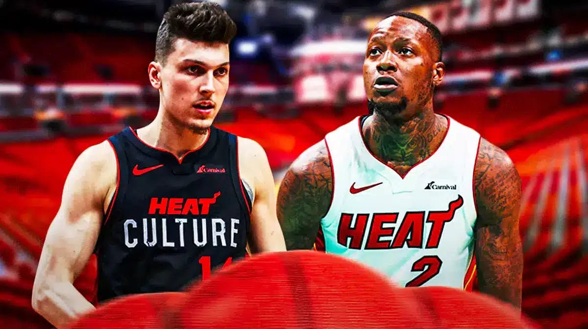 Miami Heat stars Tyler Herro and Terry Rozier in front of the Kaseya Center.