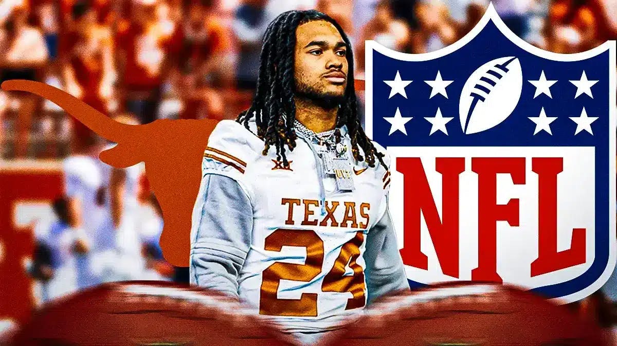 Jonathan Brooks stands on Texas football field next to 2024 NFL Draft logo after his injury