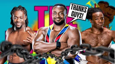 Big E with a text bubble reading “Thanks guys!” next to Kofi Kingston and Xavier Woods with the New Day logo as the background.
