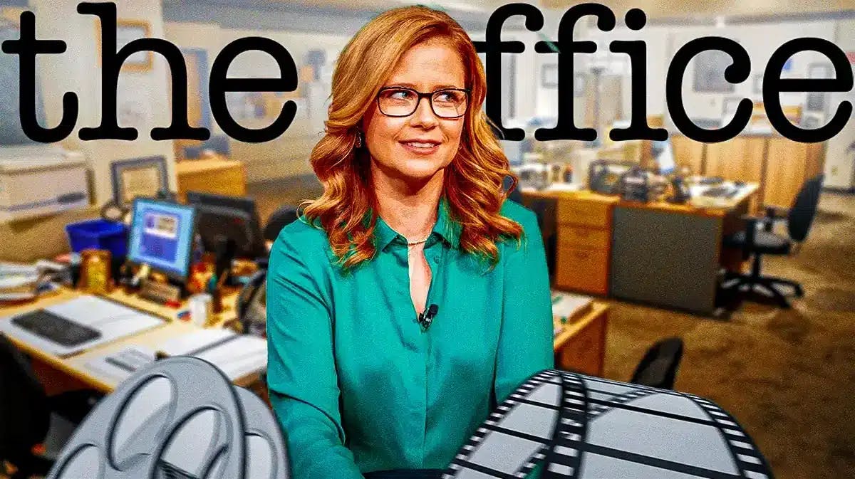 Jenna Fischer with The Office logo and background.