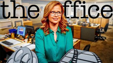 Jenna Fischer with The Office logo and background.