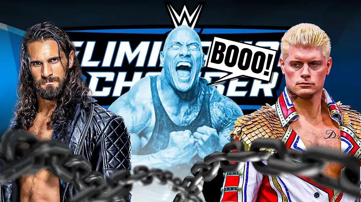 The Rock as a ghost with a text bubble reading “Booo!” with Seth Rollins on his left and Cody Rhodes on his right with the 2024 Elimination Chamber logo as the background.