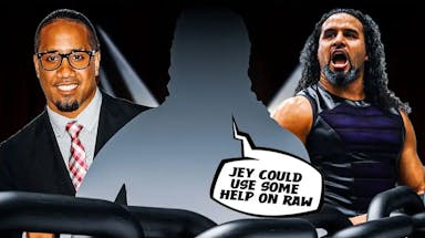 The blacked-out silhouette of Lance Anoa’i with a text bubble reading “Jey could use some help on RAW” with Jey Uso on his left and Tama Tonga on his right with the RAW logo as the background.