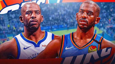A double image of Chris Paul, one of him in his current Warriors jersey and the other of him in his old OKC Thunder jersey