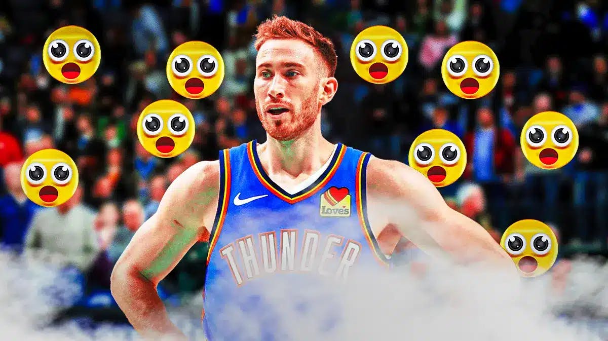 Gordon Hayward in an Oklahoma City Thunder jersey with a bunch of shocked emojis in the background.
