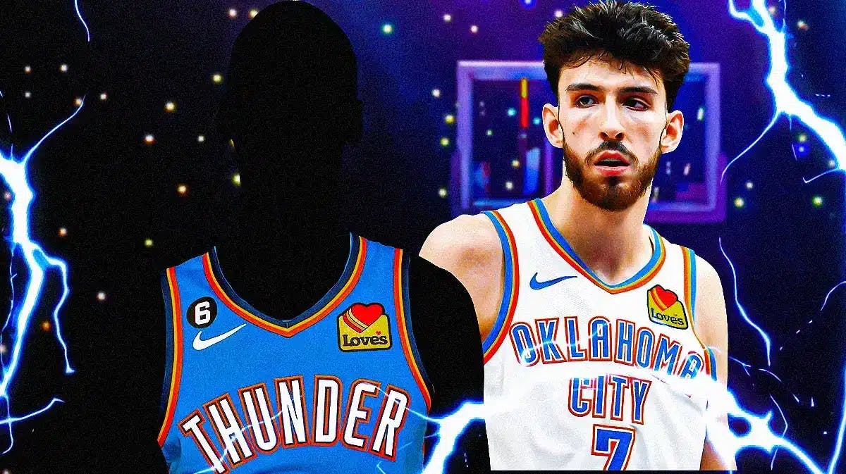 Chet Holmgren with his hand up, looking confused with a silhouette of a Thunder player next to him
