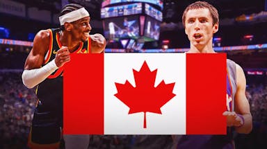 Thunder’s Shai Gilgeous-Alexander and Suns' Steve Nash (2006 version) both holding up a huge Canada flag