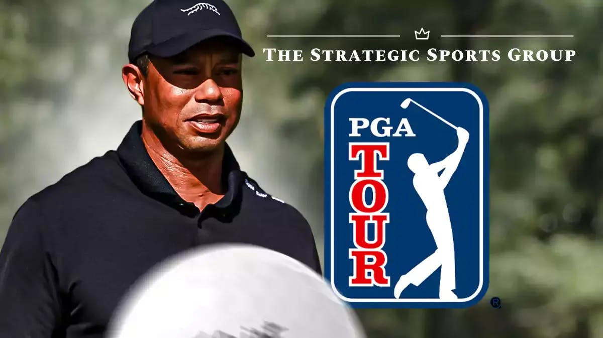 Tiger Woods stands on Genesis Invitational golf course next to PGA Tour and Strategic Sports Group logos