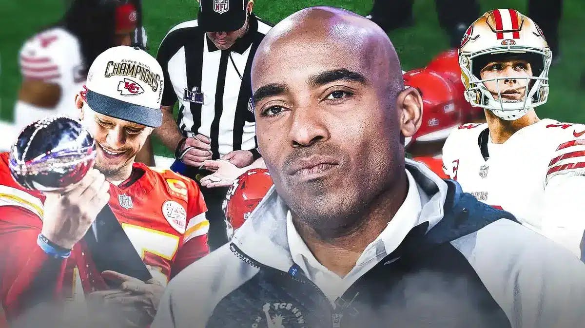 Tiki Barber (current) in the middle looking angry, with the NFL coinflip beside him, to his left is Chiefs' Patrick Mahomes holding the 2024 Super Bowl while to his right is 49ers' Brock Purdy looking sad