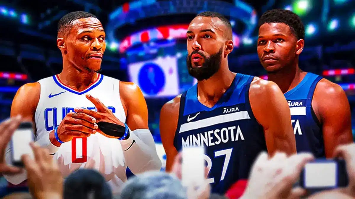 Timberwolves Anthony Edwards and Rudy Gobert next to Clippers Russell Westbrook.