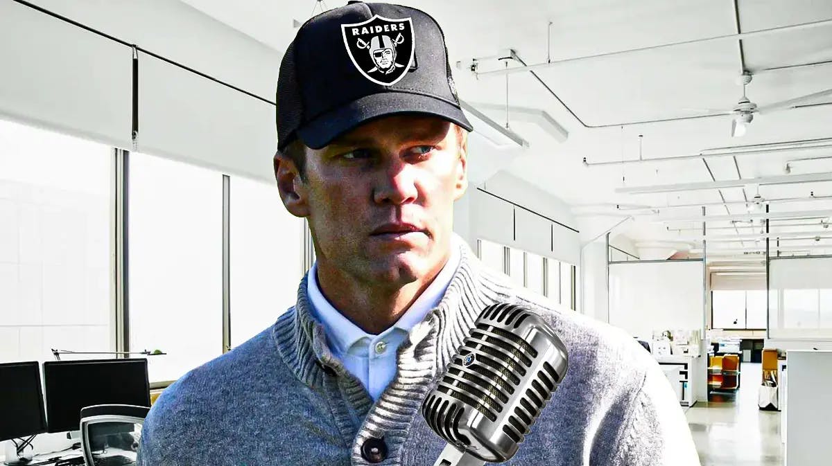 Tom Brady with a microphone wearing a Raiders hat.