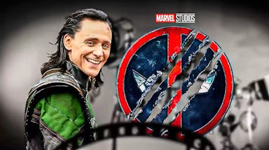 Tom Hiddleston as Loki next to MCU Deadpool and Wolverine logo.
