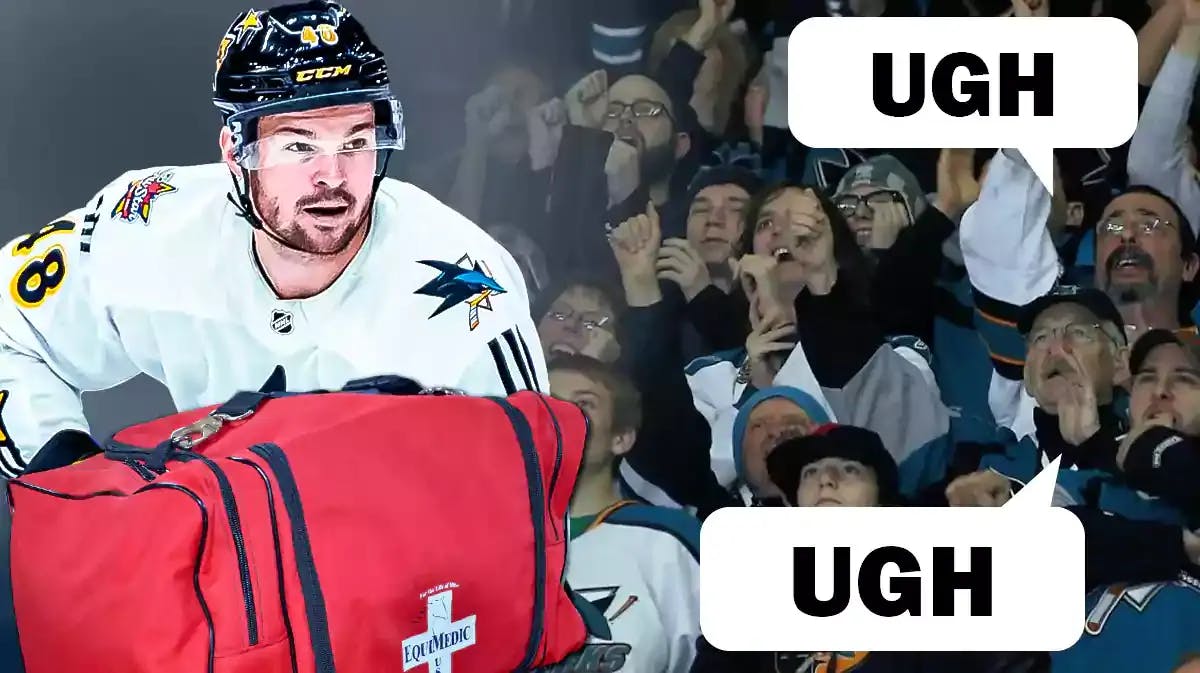 Tomas Hertl on one side with an injury kit in front of him, a bunch of San Jose Sharks fans on the other side with a speech bubble that says “Ugh”
