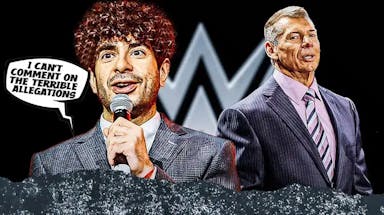 Tony Khan with a text bubble reading “I can't comment on the terrible allegations” next to Vince McMahon with the WWE logo as the background.