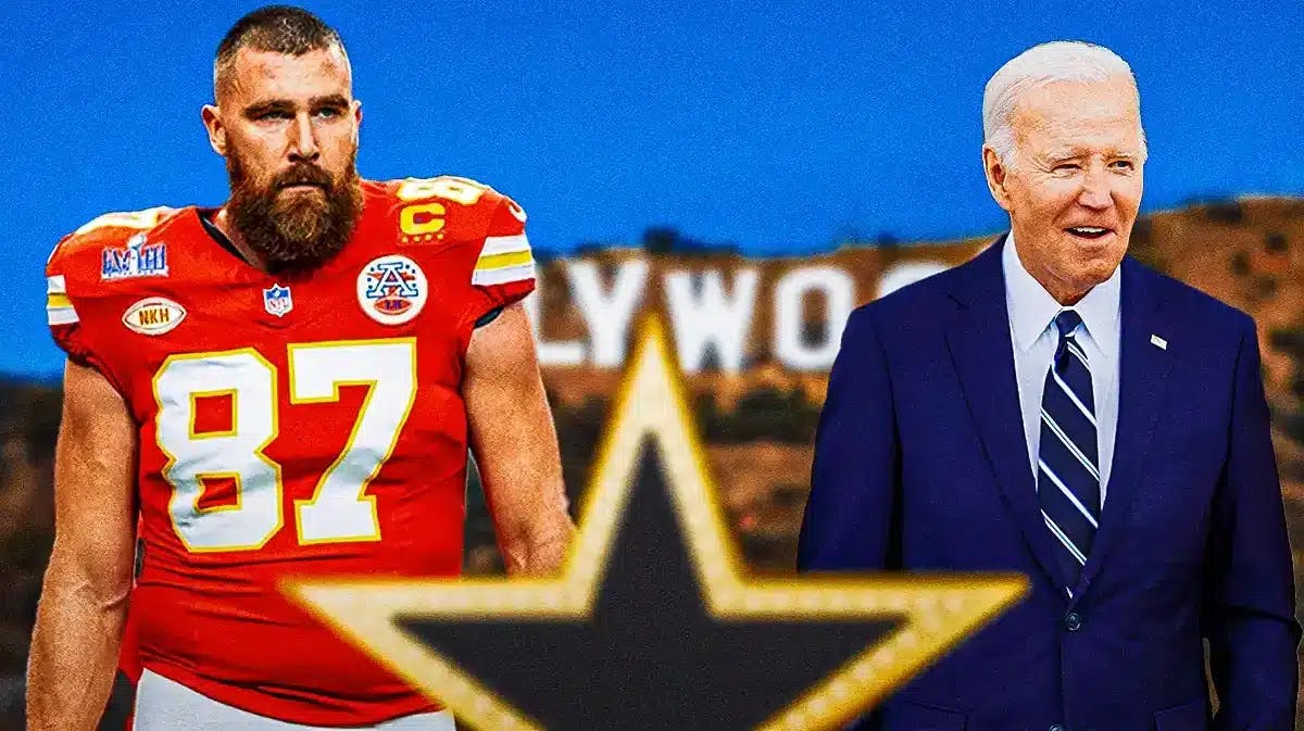 Travis Kelce and Joe Biden in front of Hollywood sign.