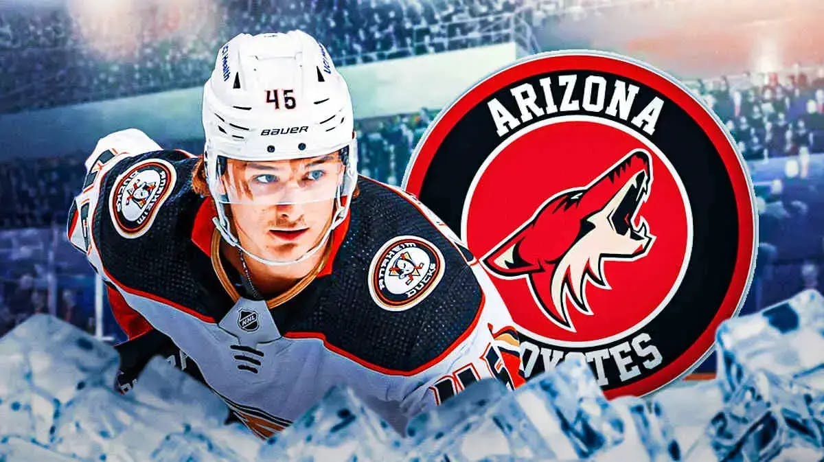 Trevor Zegras in middle of image looking stern, Arizona Coyotes logo in image, 3-5 question marks, hockey rink in background
