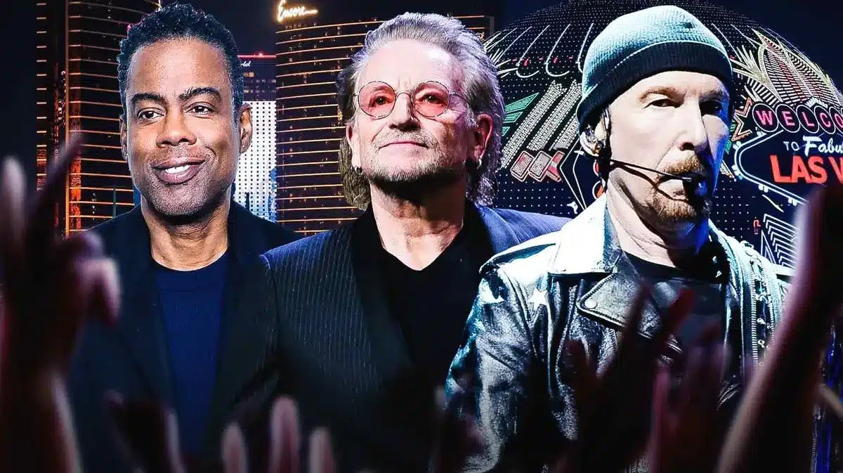 Chris Rock with U2 Bono and The Edge with MSG Sphere background.