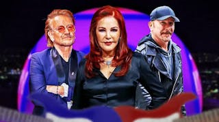 U2 Bono and The Edge with Priscilla Presley and Las Vegas Sphere in background.
