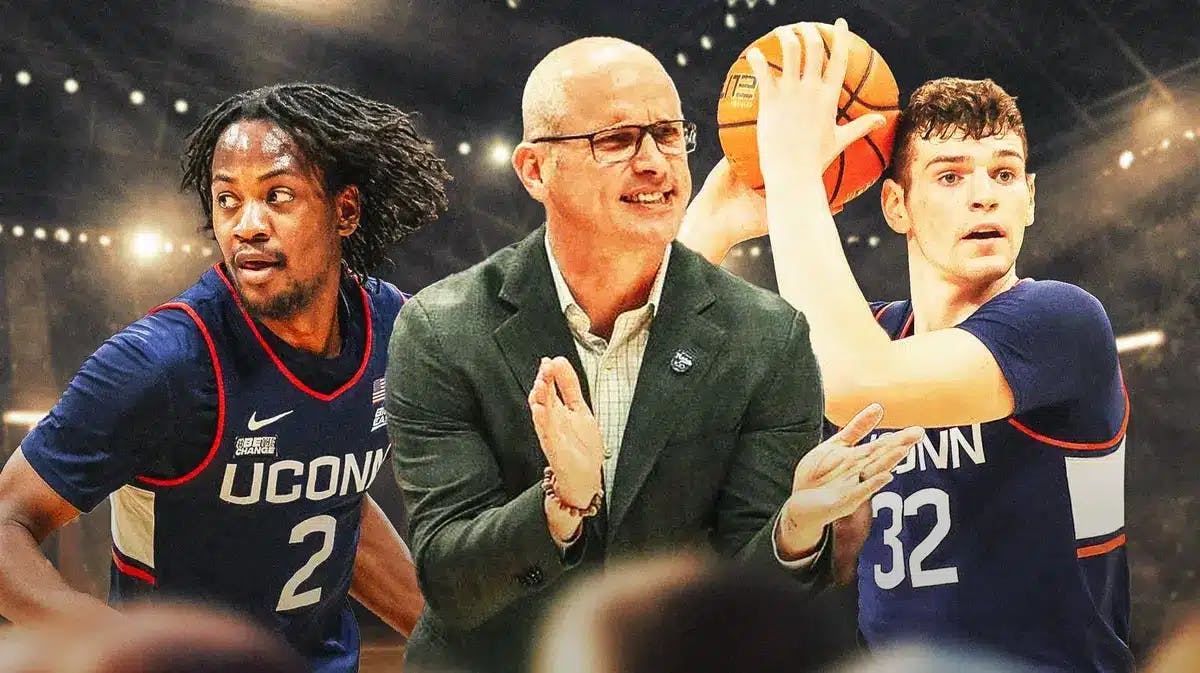 Photo: Dan Hurley clapping, Donovan Clingan, Tristen Newton in UConn basketball jerseys in action behind Hurley