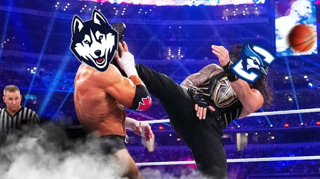 Logo of Creighton basketball on the BODY of Roman Reigns and Logo of UCONN basketball on the body of Triple H